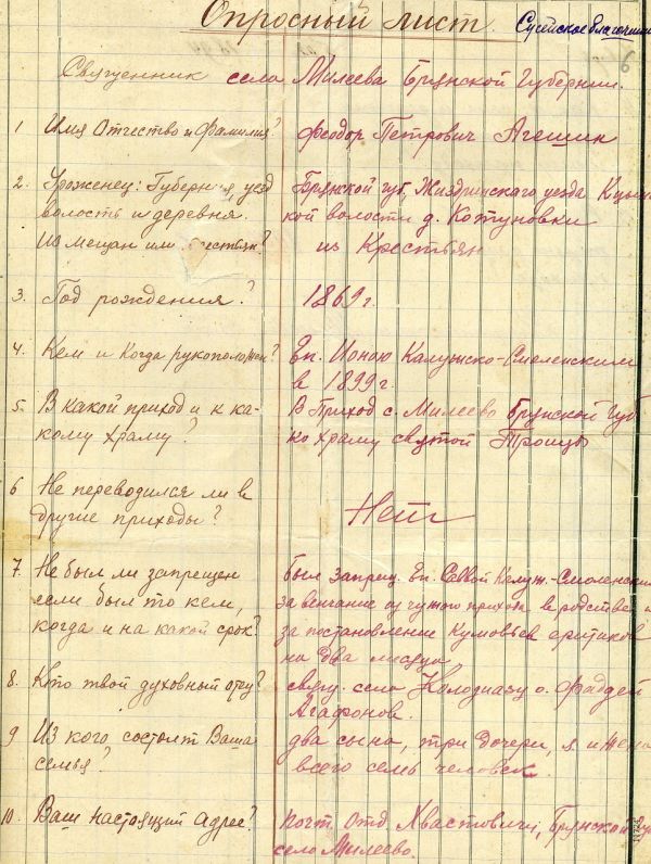 Опросный лист (анкета) священника Феодора Агешина (Милеево). Автограф. 1924 год